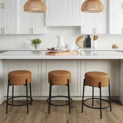 Round Faux Leather Backless Counter Height Bar Stools Brown (Set of 3)
