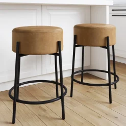 Round Faux Leather Backless Counter Height Bar Stools Brown (Set of 2)