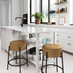 Round Faux Leather Backless Counter Height Bar Stool Brown