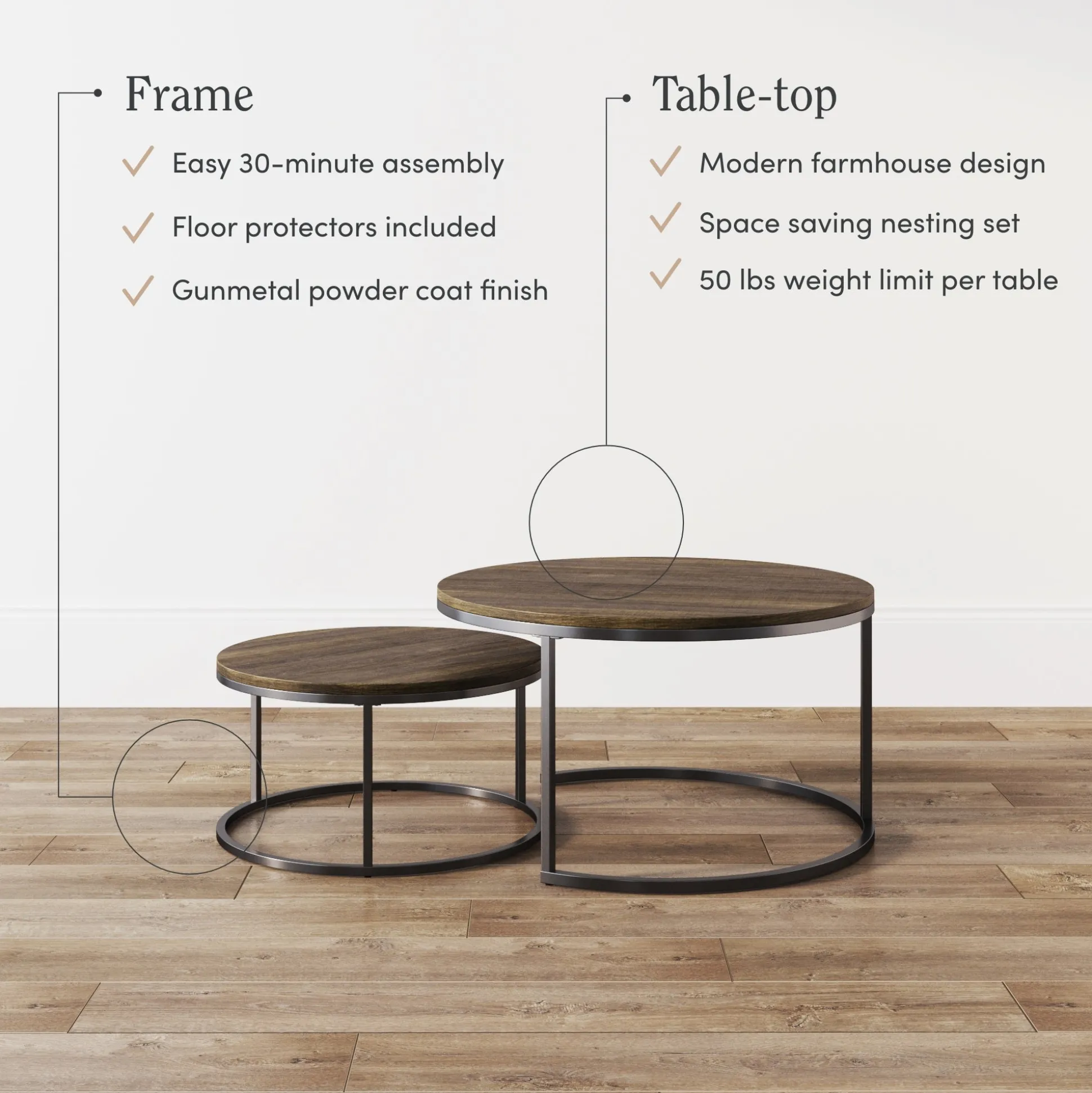 Round Nesting Coffee Table Set Reclaimed Oak