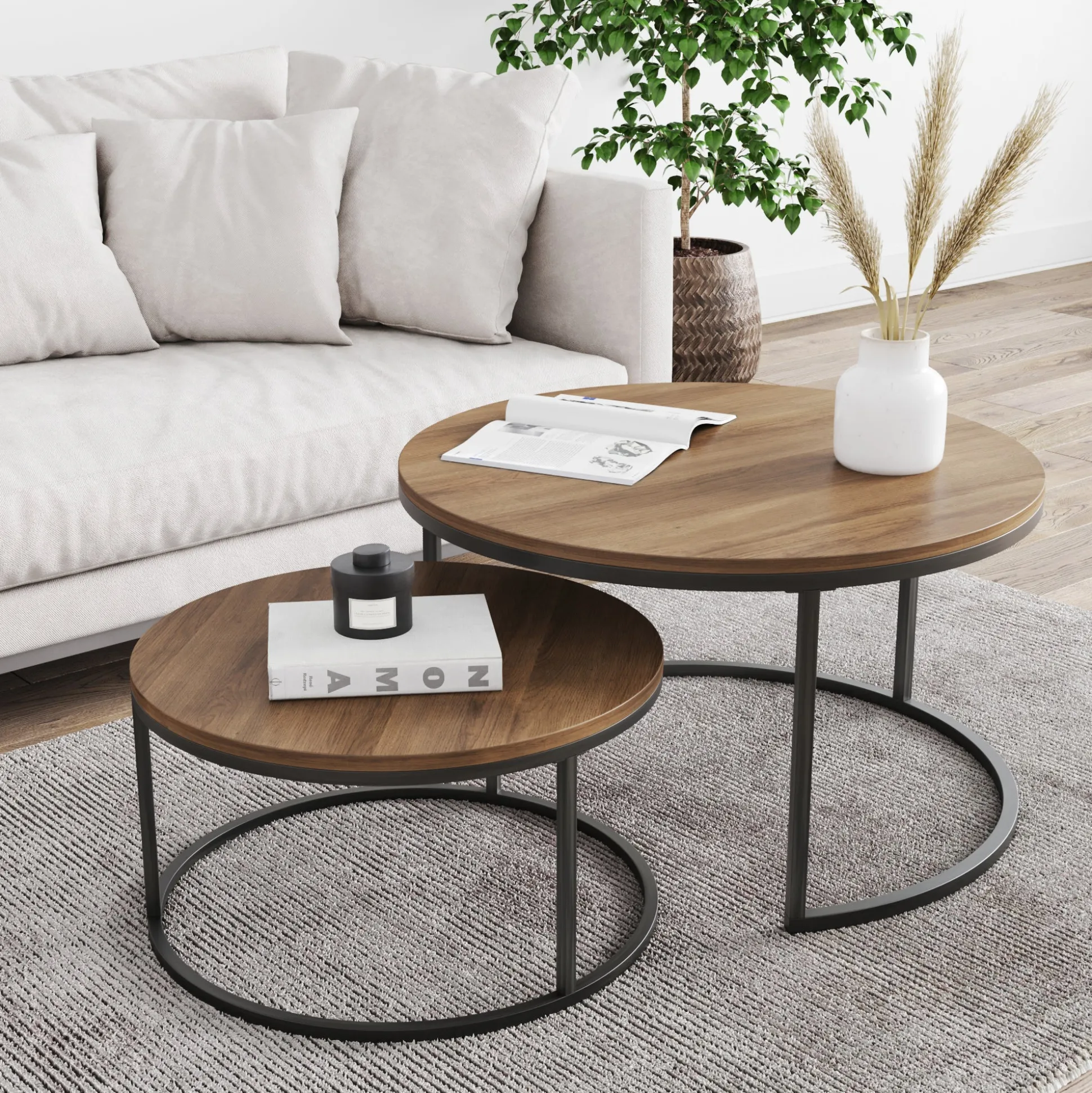 Round Nesting Coffee Table Set Reclaimed Oak