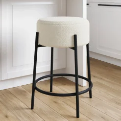 Round White Boucle Backless Bar Height Stool