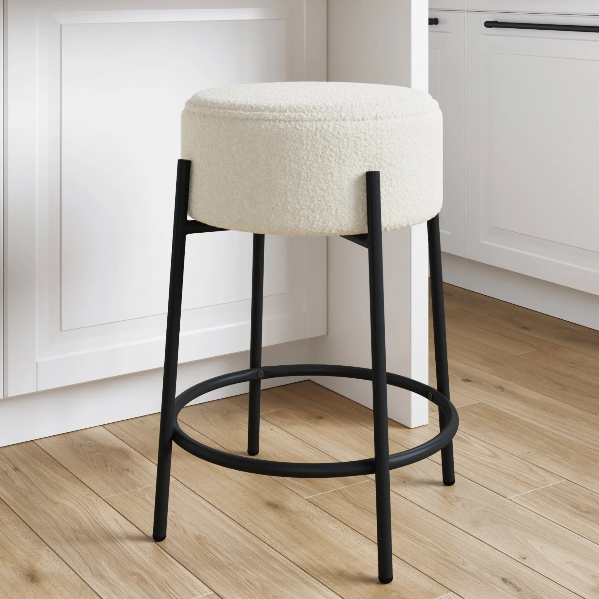 Round White Boucle Backless Bar Height Stool