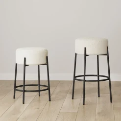 Round White Boucle Backless Bar Height Stool