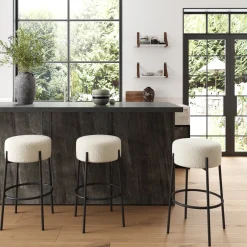Round White Boucle Backless Bar Height Stool