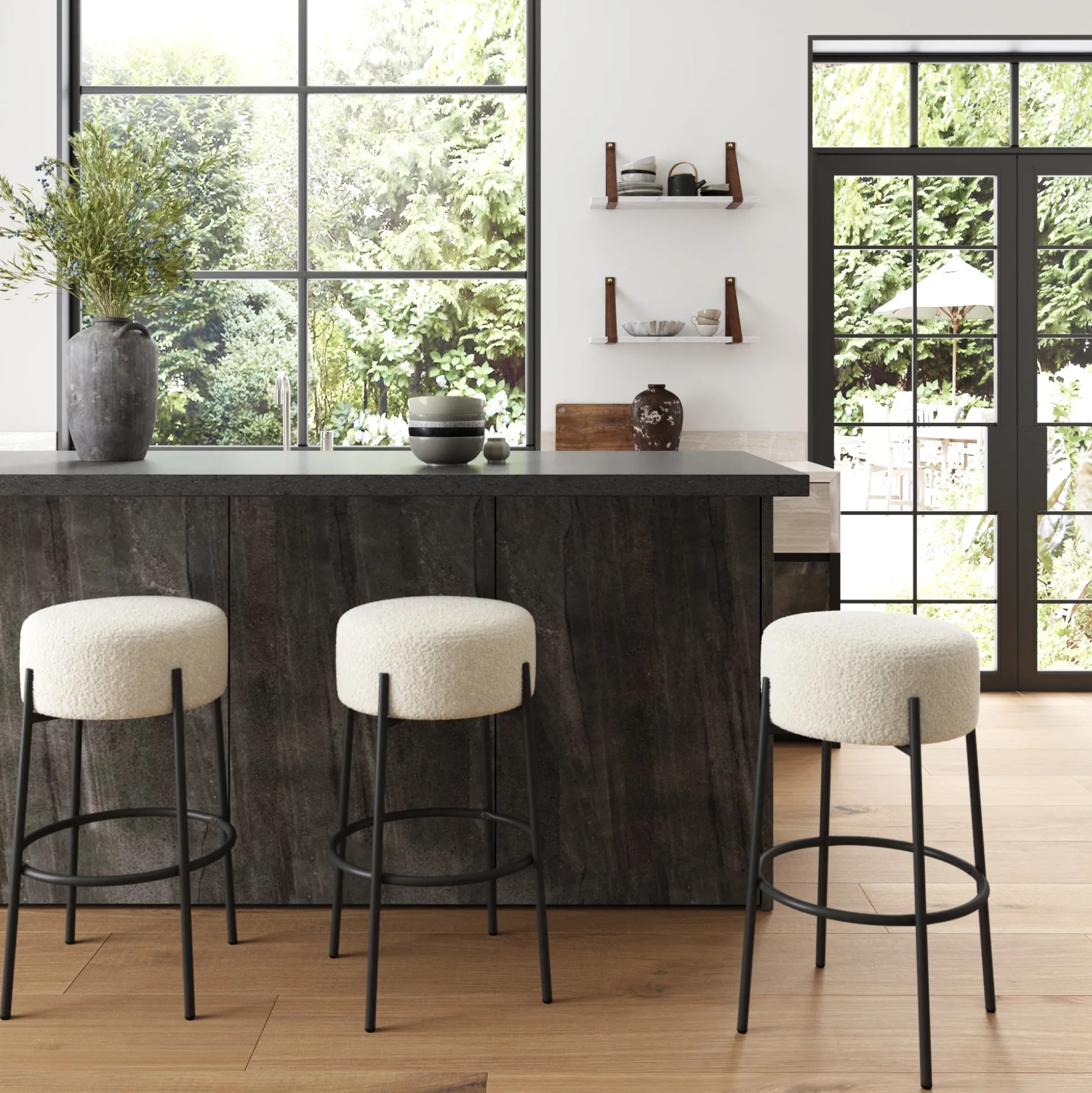 Round White Boucle Backless Bar Height Stool
