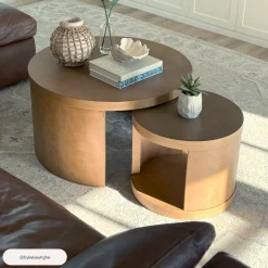 Round Wood Nesting Coffee Table Set Light Brown