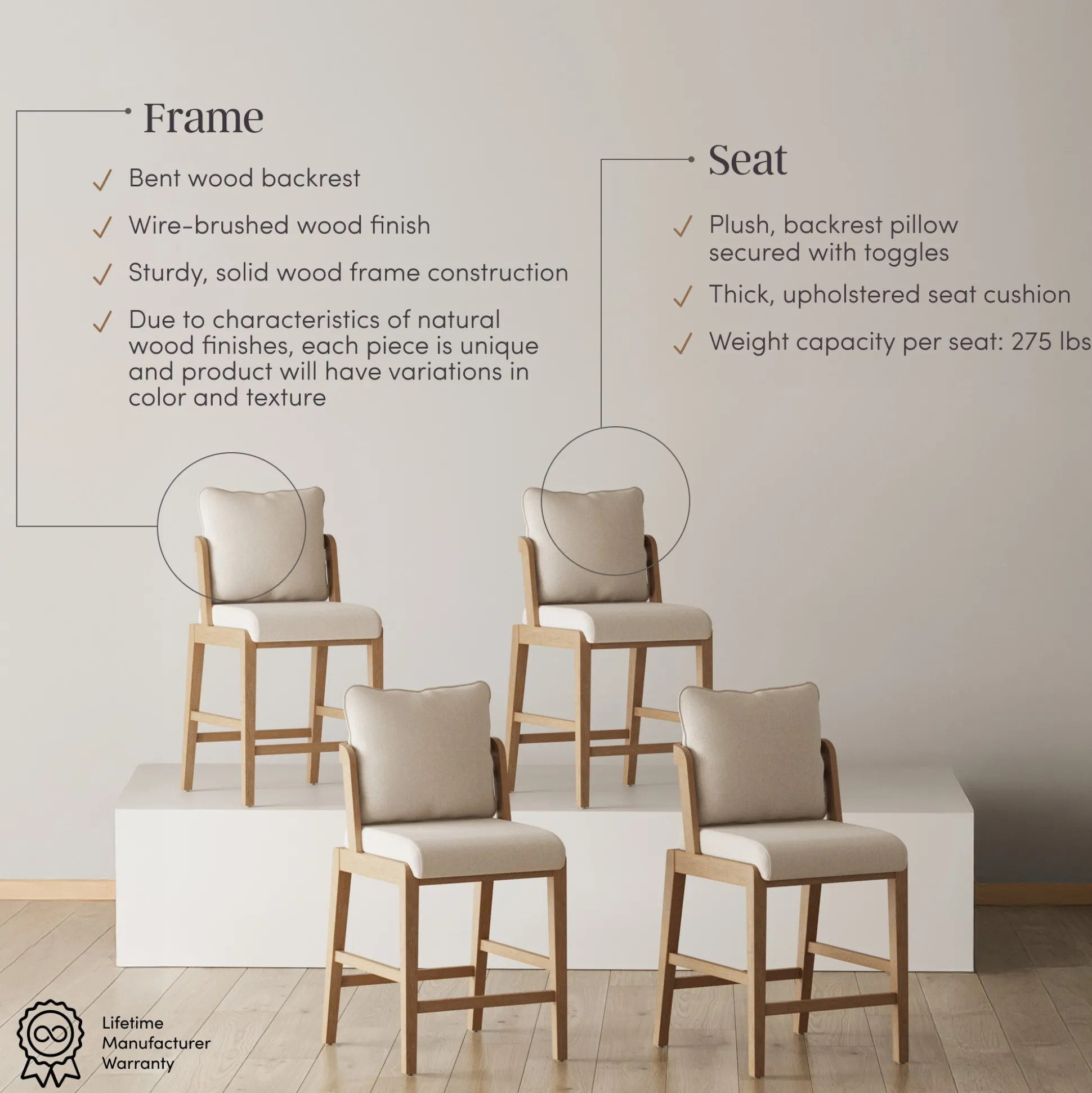 Scandinavian Bar Stool with Back Light Brown (Set of 4)