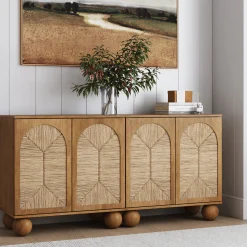 Seagrass Arched Storage Cabinet Credenza Light Brown (Set of 2)