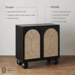 Seagrass Arched Storage Cabinet Credenza Black (Set of 2)
