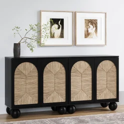 Seagrass Arched Storage Cabinet Credenza Black (Set of 2)