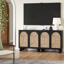 Seagrass Arched Storage Cabinet Credenza Black (Set of 2)