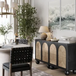 Seagrass Arched Storage Cabinet Credenza Black (Set of 2)