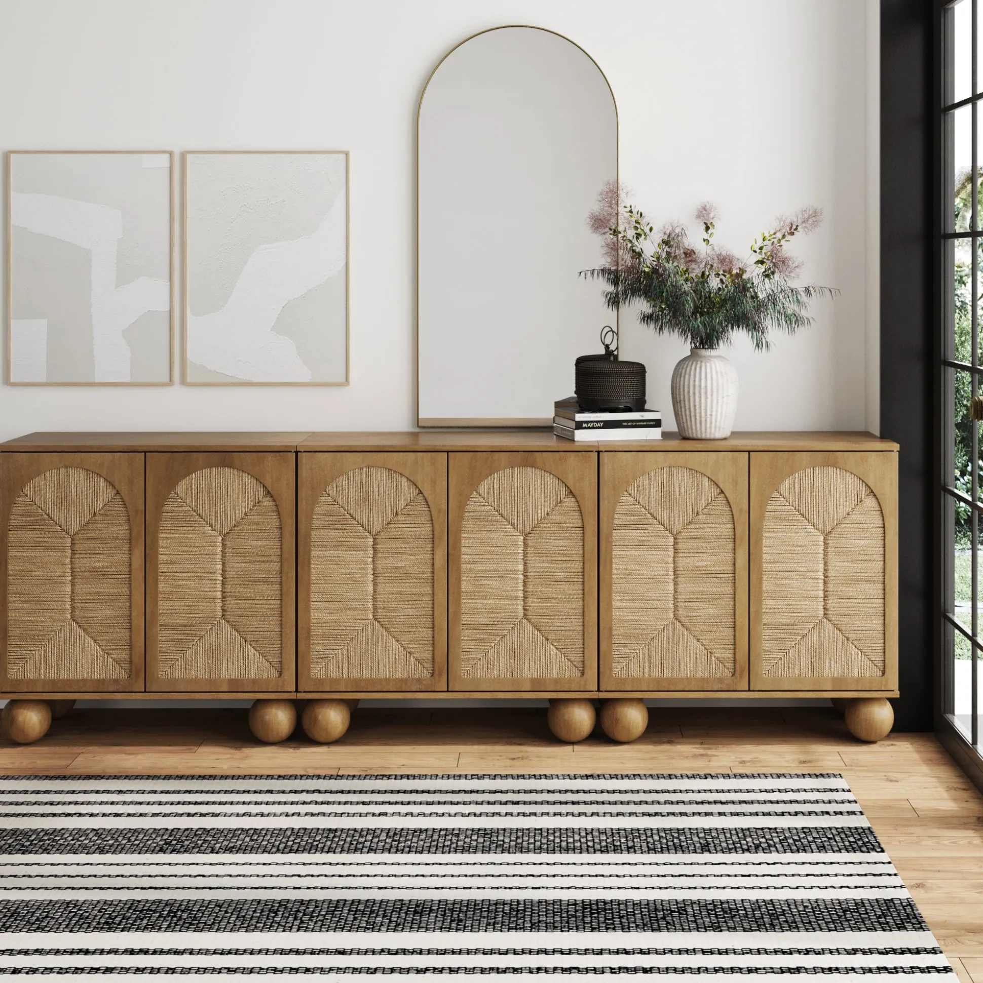Seagrass Arched Storage Cabinet Credenza Light Brown (Set of 3)