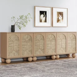 Seagrass Arched Storage Cabinet Credenza Raw Oak (Set of 3)