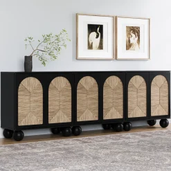 Seagrass Arched Storage Cabinet Credenza Black (Set of 3)