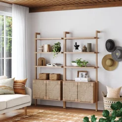Seagrass Wall Bookshelf with Doors Raw Oak (Set of 2)