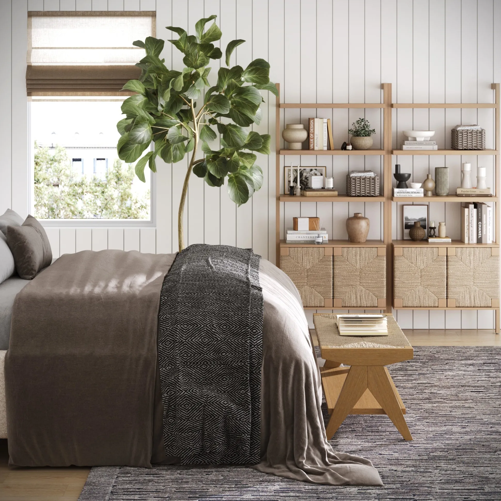 Seagrass Wall Bookshelf with Doors Raw Oak