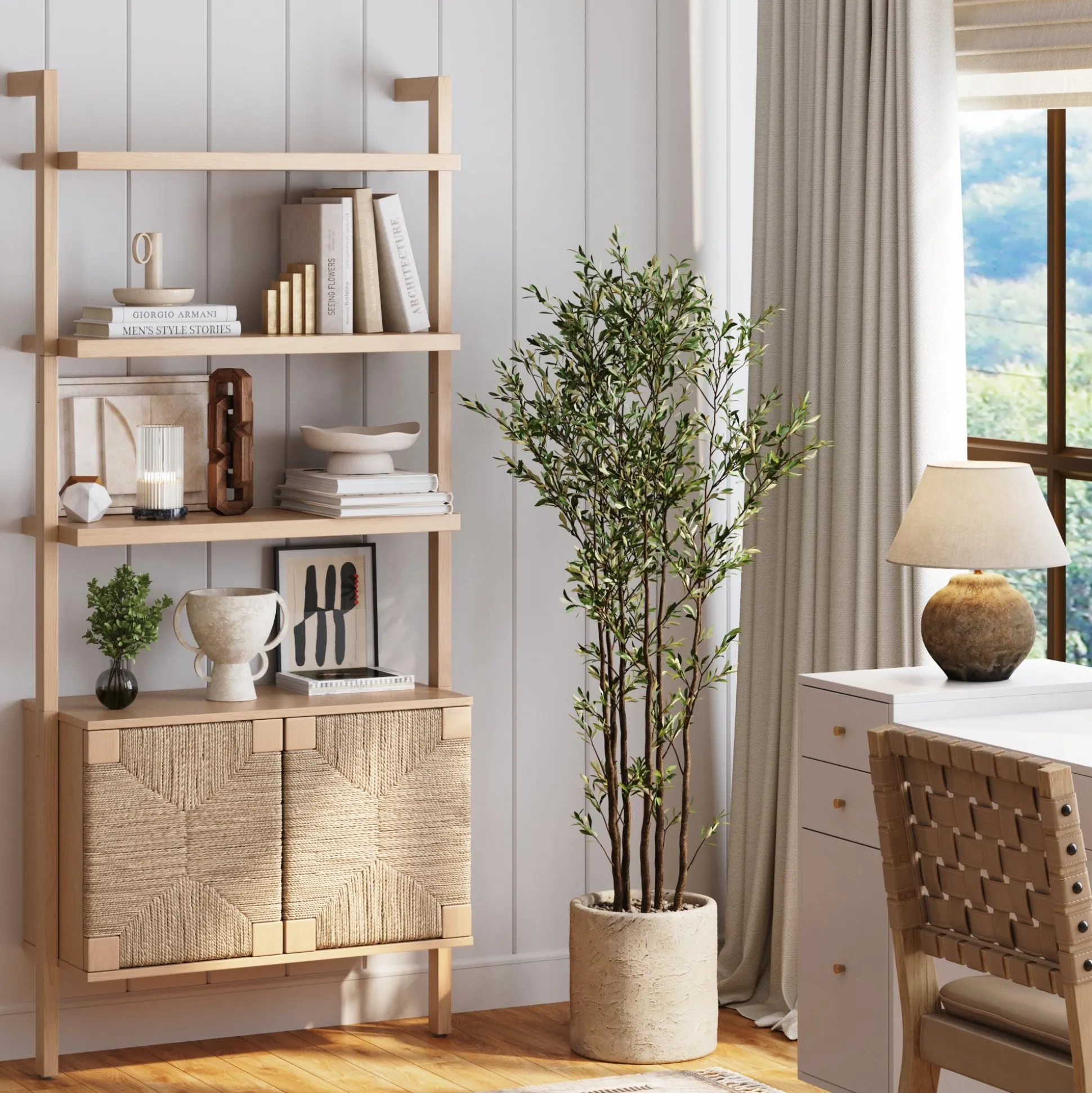 Seagrass Wall Bookshelf with Doors Raw Oak