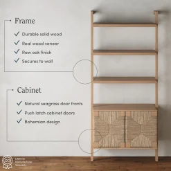 Seagrass Wall Bookshelf with Doors Raw Oak