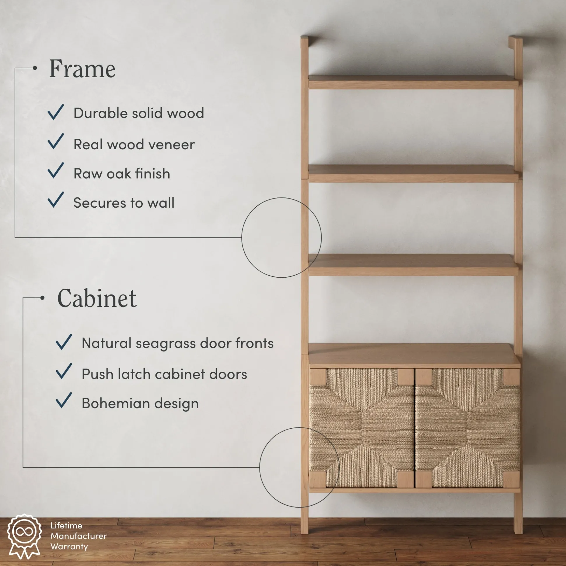 Seagrass Wall Bookshelf with Doors Raw Oak