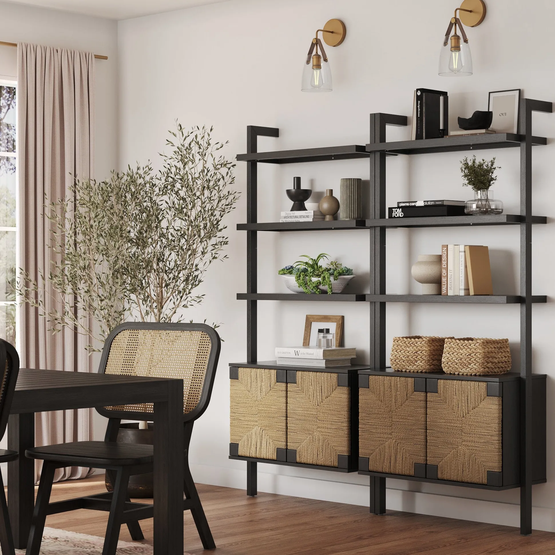 Seagrass Wall Bookshelf with Doors Black