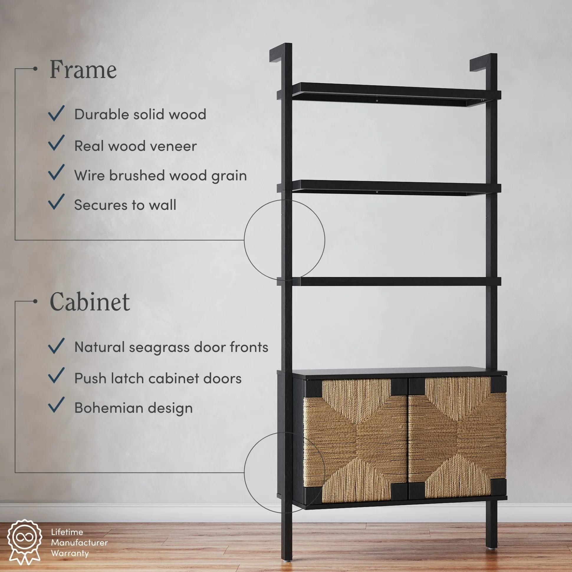 Seagrass Wall Bookshelf with Doors Black