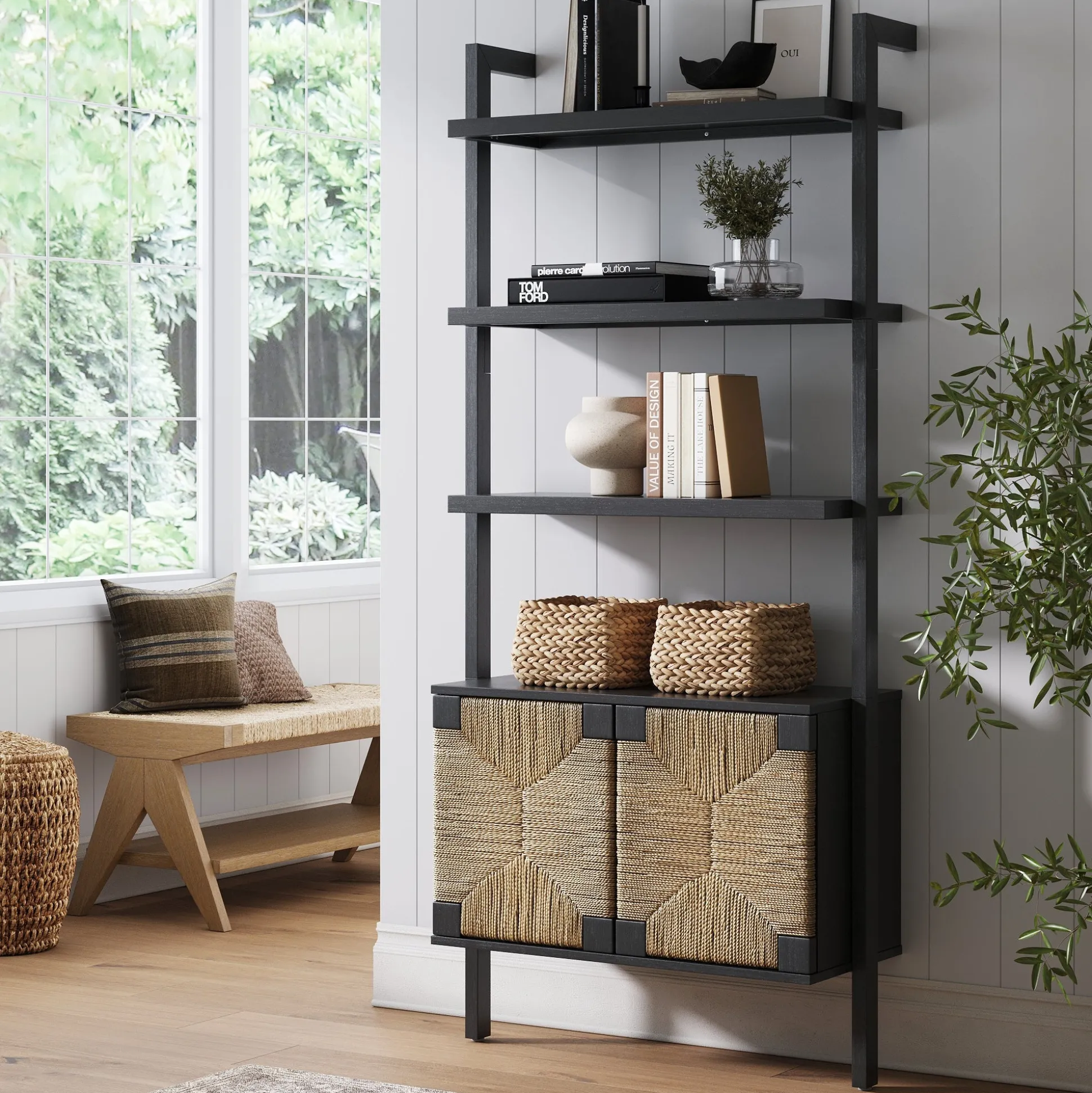 Seagrass Wall Bookshelf with Doors Black