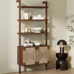 Seagrass Wall Bookshelf with Doors Dark Brown
