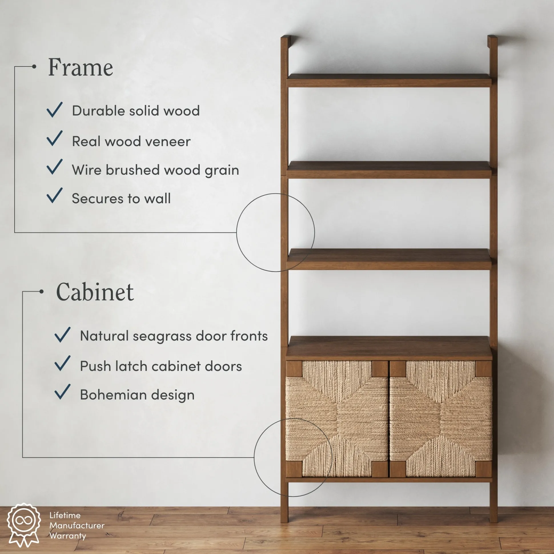 Seagrass Wall Bookshelves with Doors Dark Brown (Set of 3)