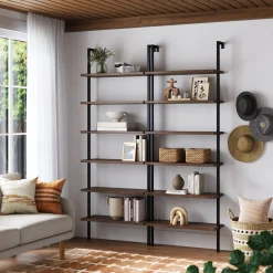 6-Shelf Bookcase Oak Matte Black (Set of 2)