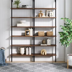 6-Shelf Bookcase Oak Matte Black (Set of 2)
