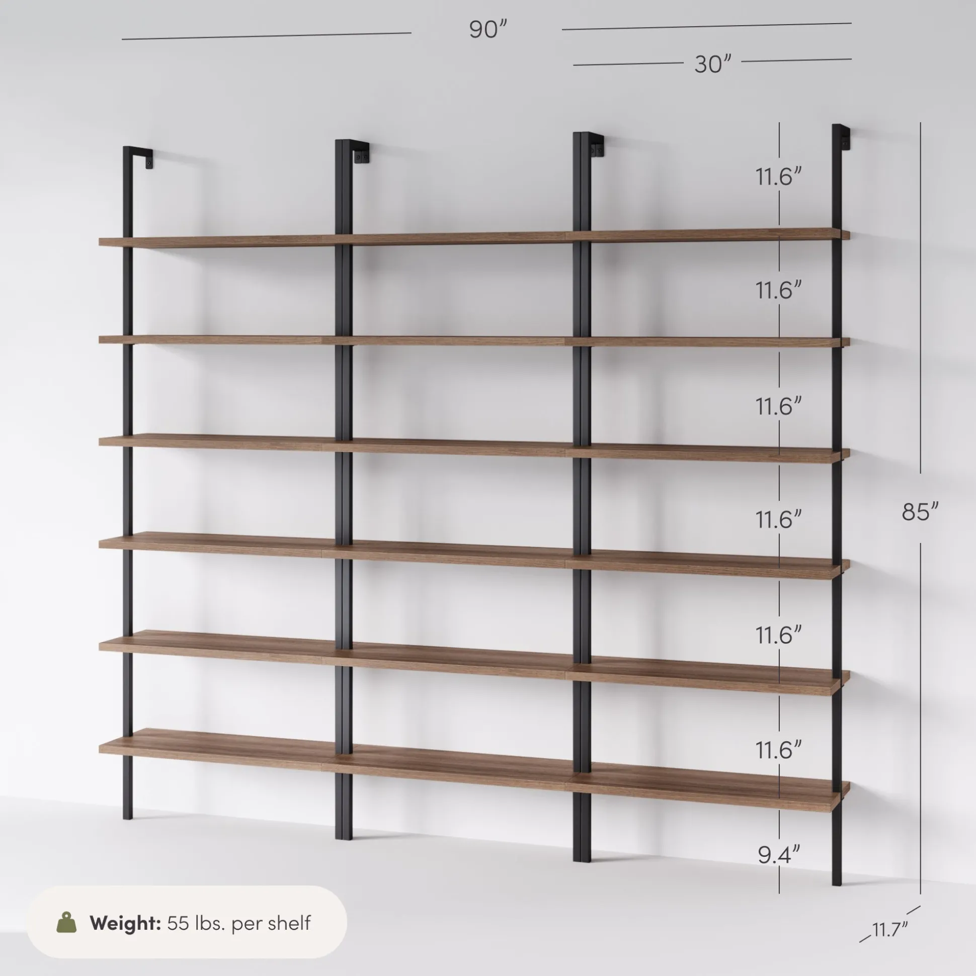 6-Shelf Bookcase Oak Matte Black (Set of 3)
