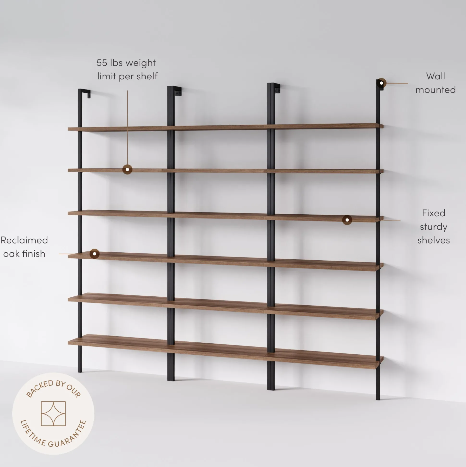 6-Shelf Bookcase Oak Matte Black (Set of 3)