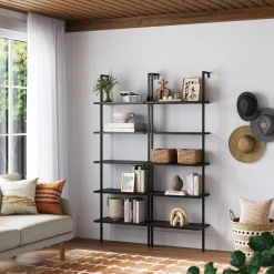 5-Shelf Bookshelf Walnut Matte Black (Set of 2)