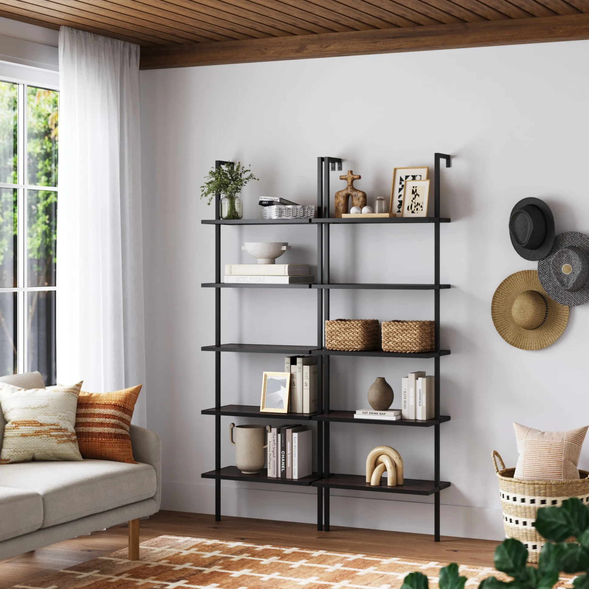 5-Shelf Bookshelf Walnut Matte Black (Set of 2)