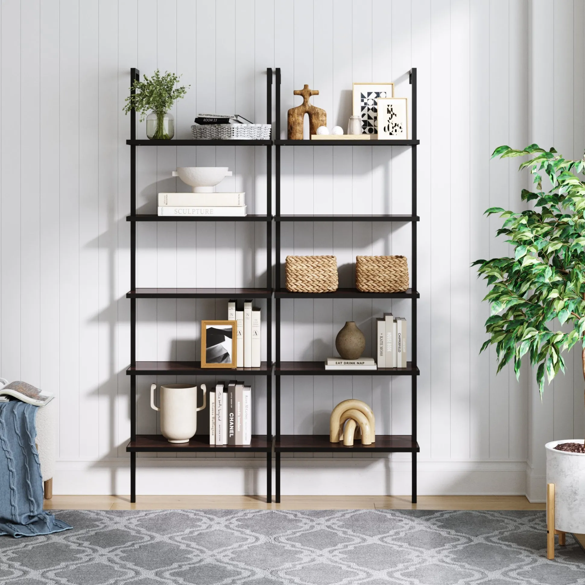 5-Shelf Bookshelf Walnut Matte Black (Set of 2)