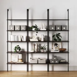 5-Shelf Bookshelf Walnut Matte Black (Set of 3)
