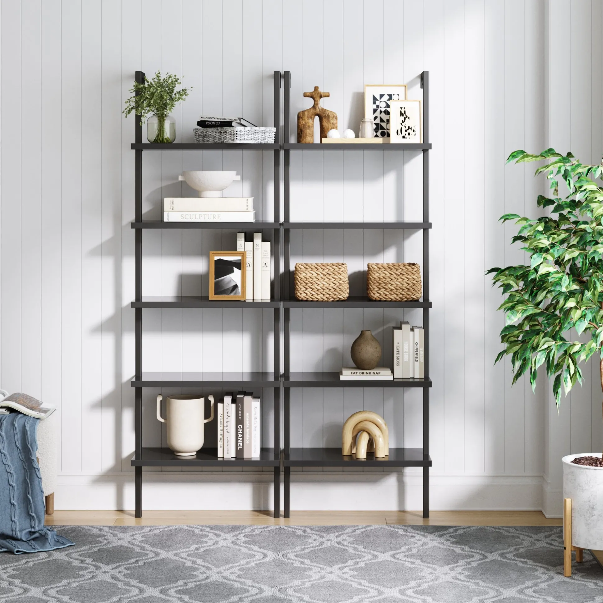 5-Shelf Ladder Bookshelf Black (Set of 2)