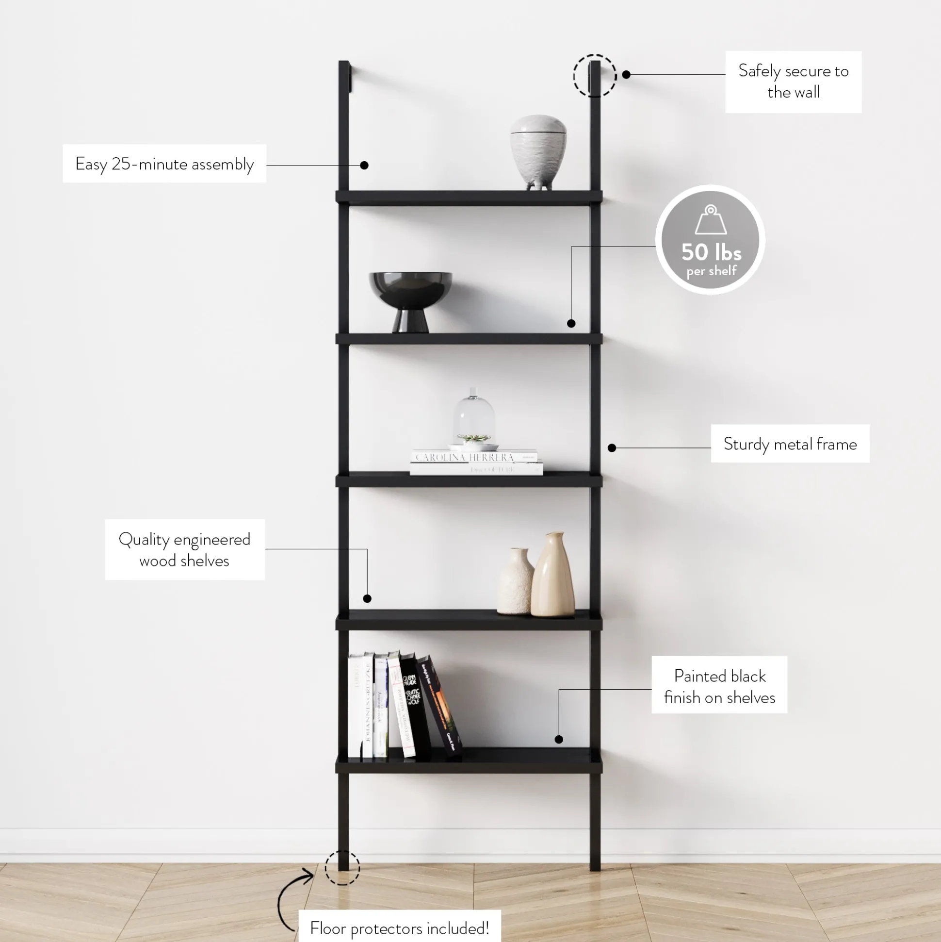 5-Shelf Ladder Bookshelf Black (Set of 2)