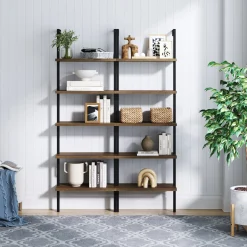5-Shelf Ladder Bookshelf Oak Matte Black (Set of 2)