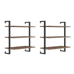 3-Shelf Ladder Bookshelf Oak Matte Black (Set of 2)