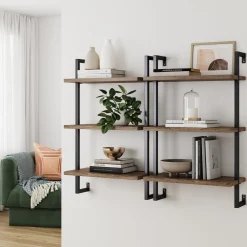 3-Shelf Ladder Bookshelf Oak Matte Black (Set of 2)