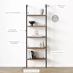 5-Shelf Ladder Bookshelf Oak Matte Black