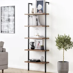 5-Shelf Ladder Bookshelf Oak Matte Black