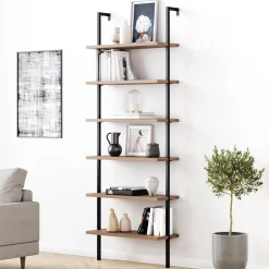 6-Shelf Ladder Bookshelf Oak Matte Black