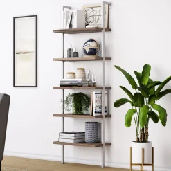 5-Shelf Ladder Bookshelf Oak Matte White