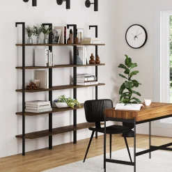 5-Shelf Ladder Bookshelf Oak Matte Black (Set of 3)