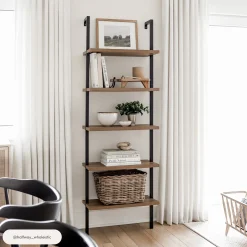 5-Shelf Ladder Bookshelf Oak Matte Black (Set of 4)