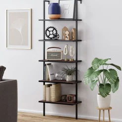 5-Shelf Ladder Bookshelf Walnut Matte Black